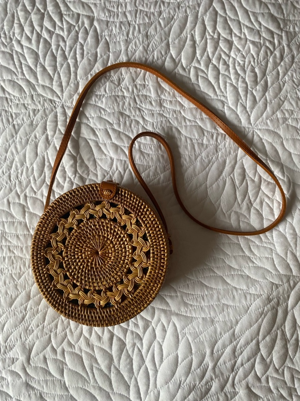 Hand Woven Rattan + Leather Crossbody Bag - Picture 2 of 8